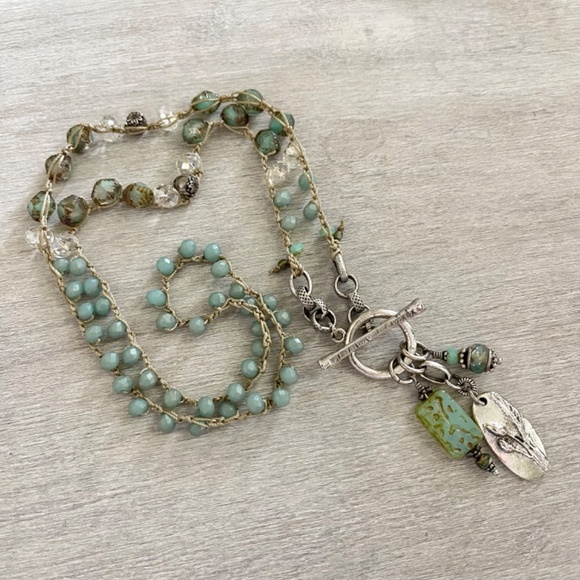 ARTISAN OOAK Sea Green Beaded Crocheted Necklace with Specialty Accents & Charms - Picture 3 of 11
